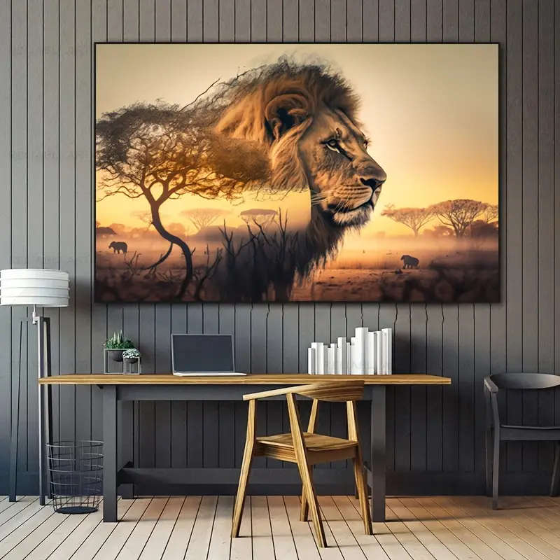 1pc Frameless Modern Abstract Lion Canvas Wall Art 79.98x119.99cm Power-Free White for Living Room a