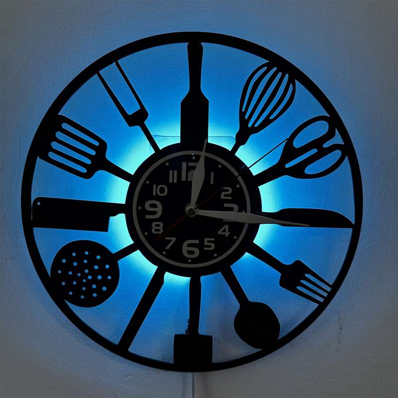 1pc Vintage Kitchen 7 Color LED Lights Vinyl Wall Clock Silent Round Clock with Utensil Design U