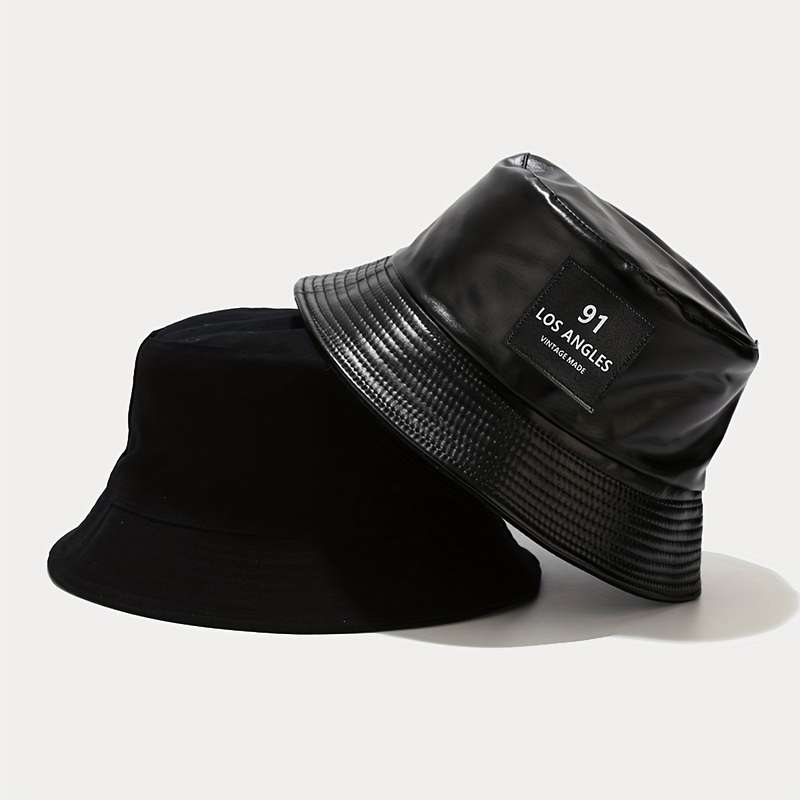 1pc 91 LOS ANGELES VINTAGE MADE Label PU Bucket Hat Breathable Sun Hat for Outdoor Sports V