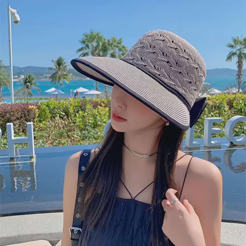 1pc Womens Stylish Summer Straw Sun Hat with Bowknot Breathable Foldable UV Protection Wi