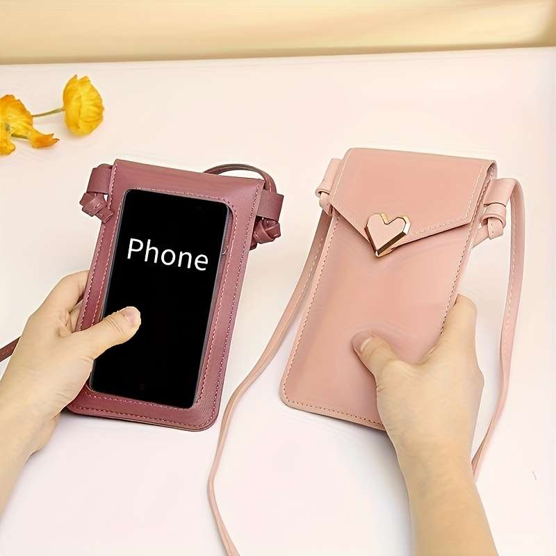 1pc Women'S Vintage Pink Heart Buckle Crossbody Bag with Clear Phone Pocket Durable Synthetic Fau