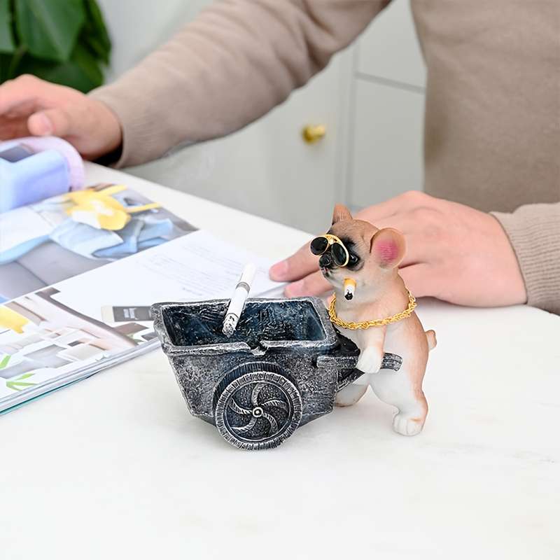 1pc Art Deco Resin Dog Ashtray with Glasses and Golden Chain Creative Decorative Pet Cart Design