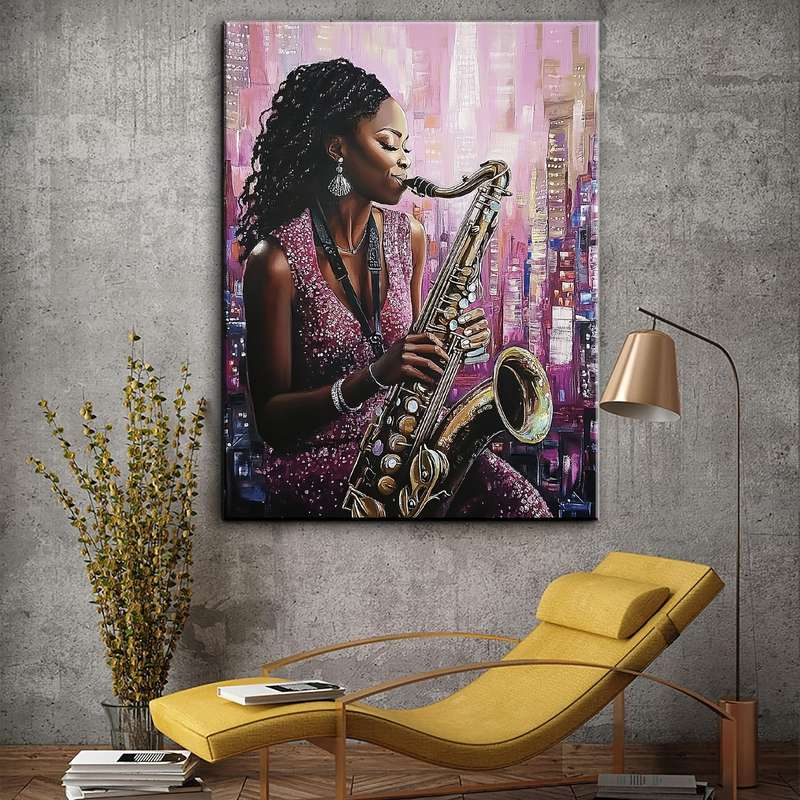 1pc Vibrant African American Saxophonist Jazz Art Print Modern Music Theme HD Poster with Urban B
