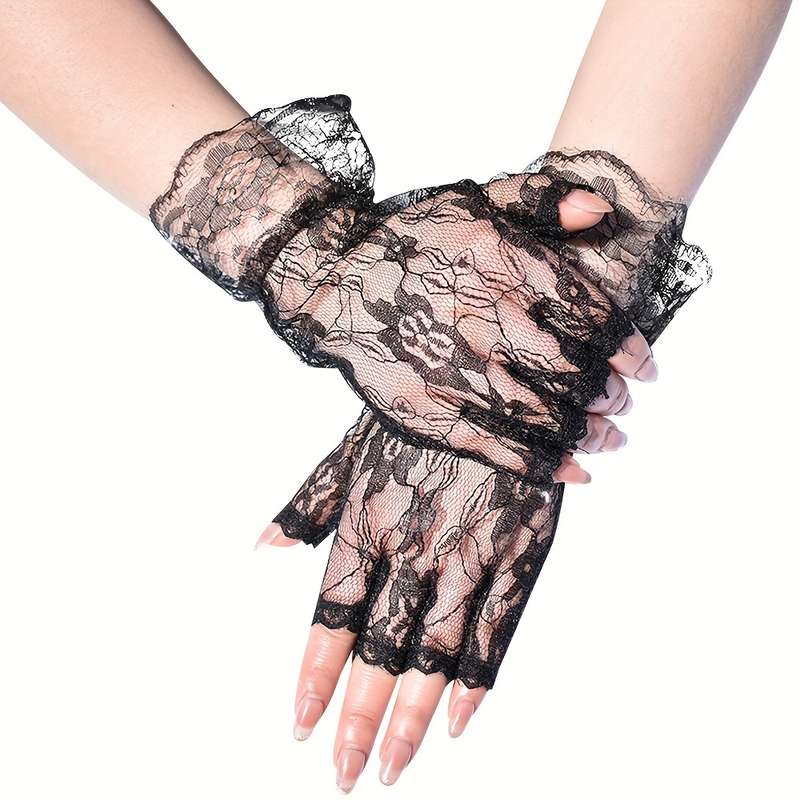 1 Pair Black Bridal Wedding Lace Gloves