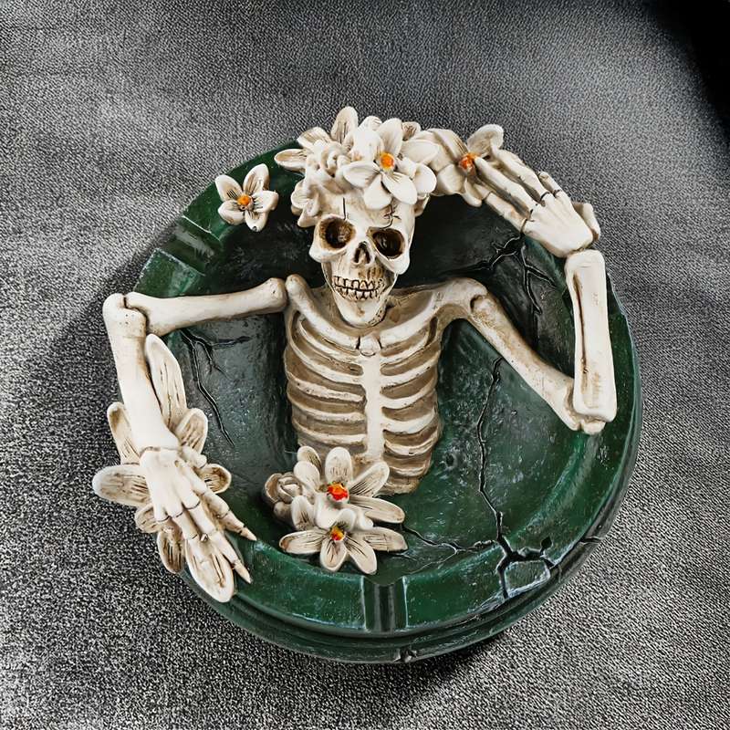 1pc New Flowering Skull Ashtray Desktop Storage Resin Crafts Desktop Decoration Home Office Des