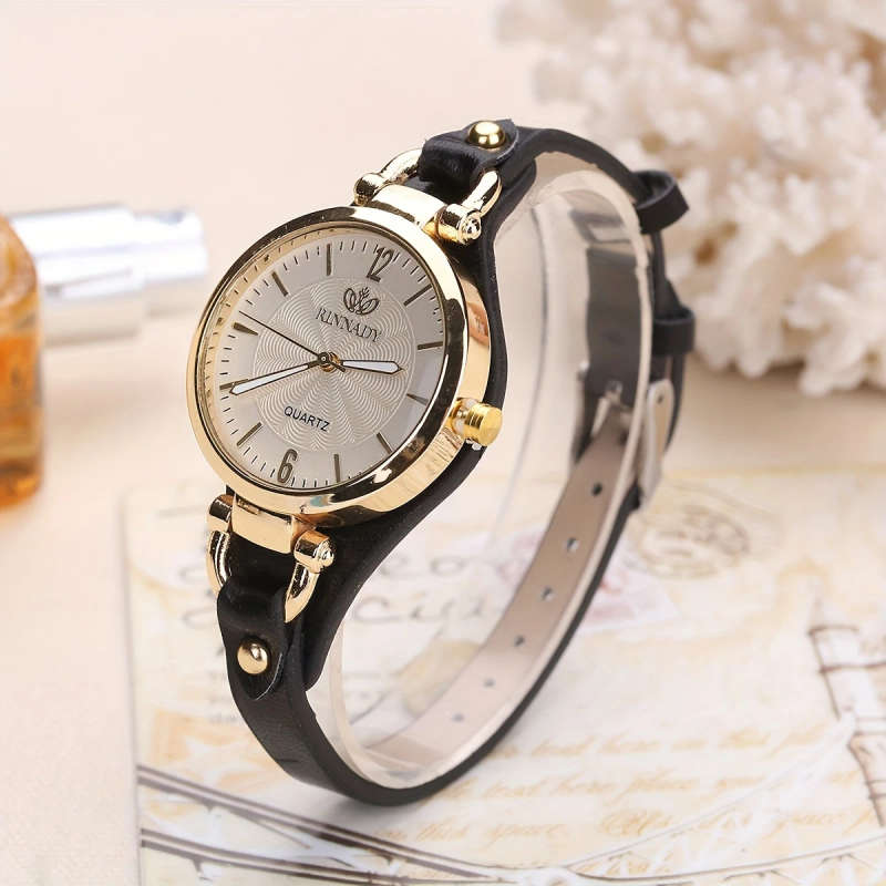 1pc Elegant Women's Quartz Watch Minimalist Brown Faux Leather Strap Golden-Tone Case White Dial Non