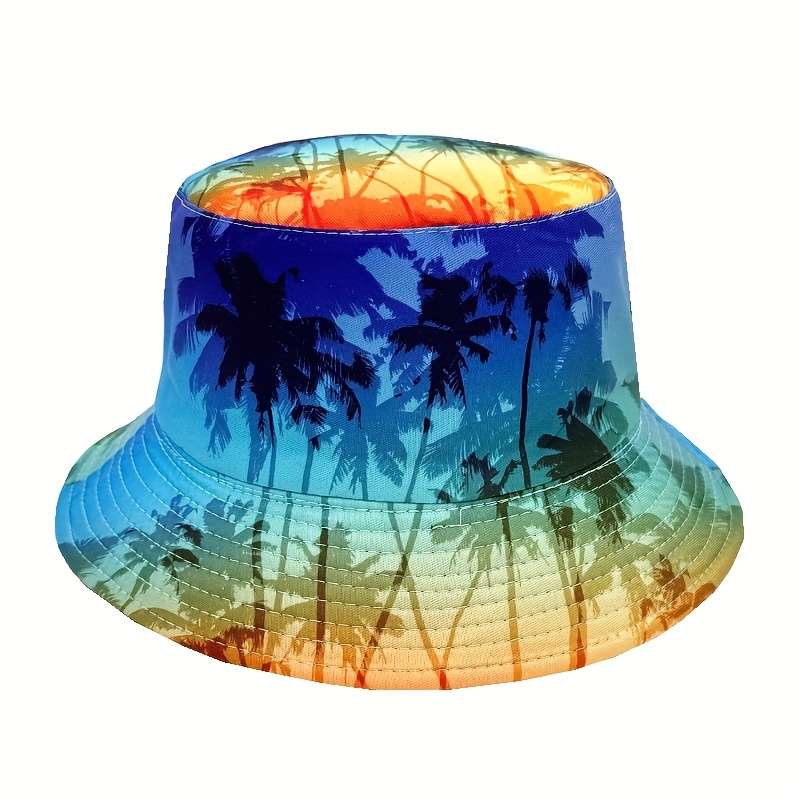 1pc Tropical Sunset Beach Palm Tree Print Reversible Bucket Hat Lightweight Polyester Unisex Fish
