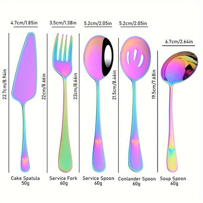 5pcs Colorful Stainless Steel Utensil Set Soup Spoon Ladle Salad Fork Cake Server Kitchen
