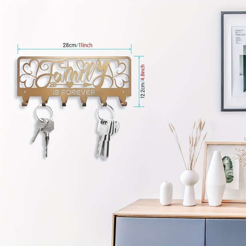 1pc Rustic Black Metal Key Holder with Family is Forever DesignWall Mounted Key Hooks