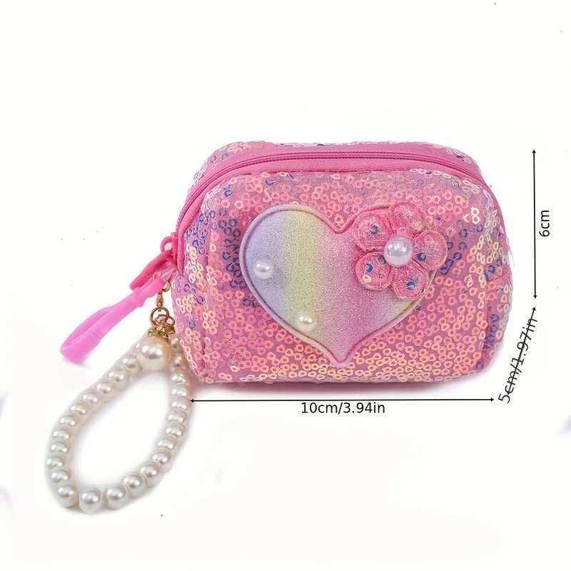 1pc Elegant Heart-Shaped Sequin Coin Purse with Pearl Accent C Vibrant Glitter Design Compact