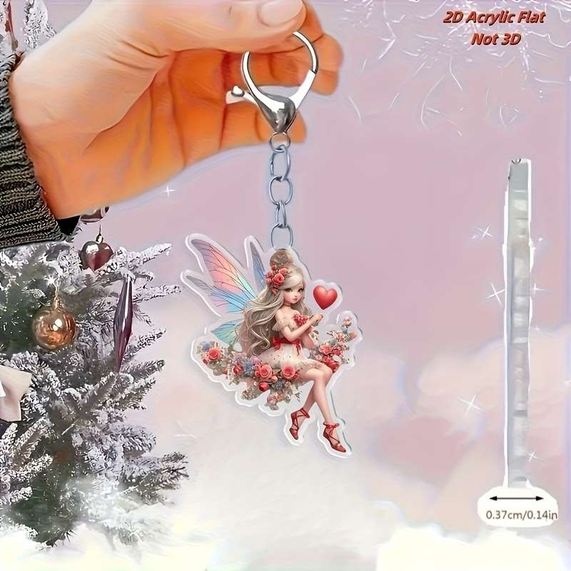 1pc 2D Flat  anime-style acrylic fairy keychain with heart and butterfly design floral wreath art d