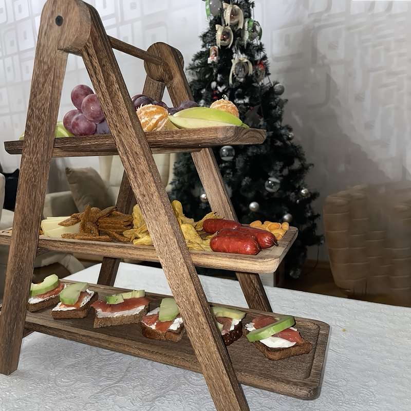 3-Tier Wooden Serving Tray Acacia Hardwood No Power Required Kitchen Organizer Buffet Displ