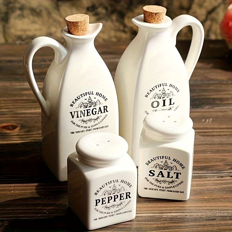4pcs Ceramic Kitchen Storage Bottles with Cork Lids Rust-Proof Oil Spice Jars Vintage-Insp