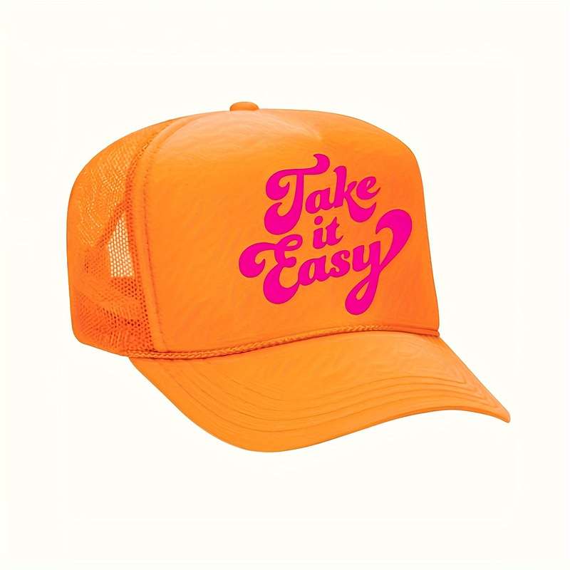 1pc Take It Easy Printed Baseball Cap Breathable Adjustable Trucker Hat with Rope Summer Fashio
