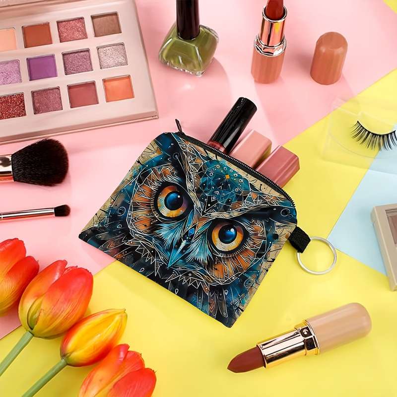 1pc SWEET Owl Print Zipper Pouch Lightweight Multifunctional Small Purse with Keychain Coin