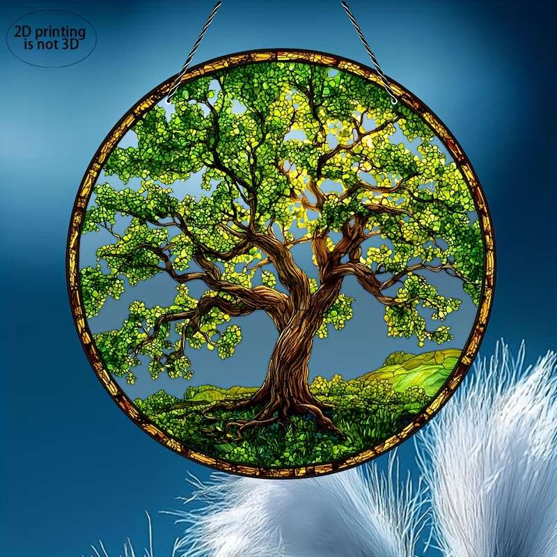 1pc 2D Flat     Printing Oak Tree Suncatcher Colorful Window Hanging Acrylic Sign G