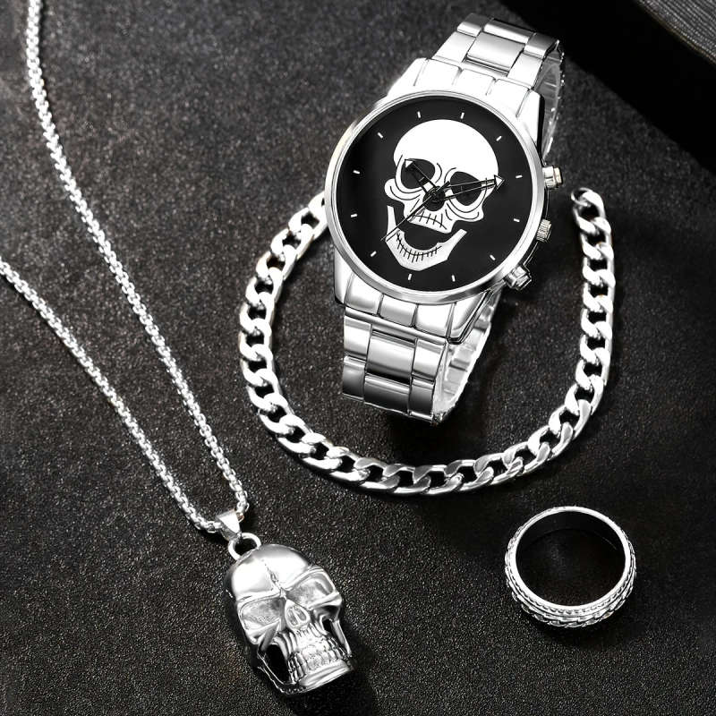 4 Piece Set Men's Watch Fashion Personality Skull Round Disc Quartz Watch