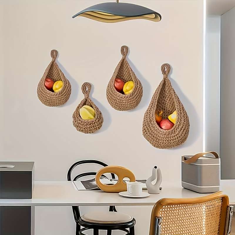 3pcs set of bohemian rope net wall hanging baskets linen hooks for storing fruits and vegetabl