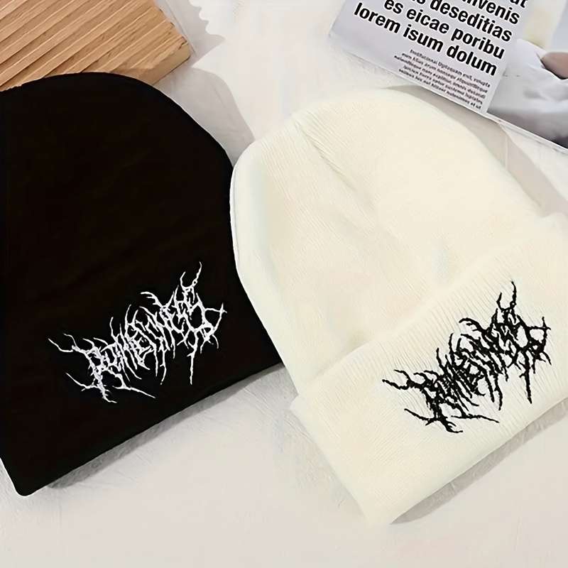 1pc Funky Geometric Embroidered Knit Beanie Hat Unisex Acrylic Warm Winter Skullcap Hand Washabl