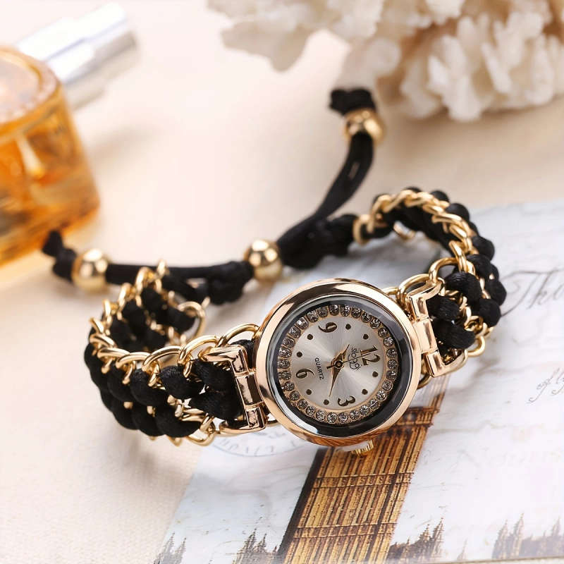 1pc Rhinestone-Inlaid Dial Adjustable Braided Cord Durable Quartz Movement Ladies' Wristwatch Fashio