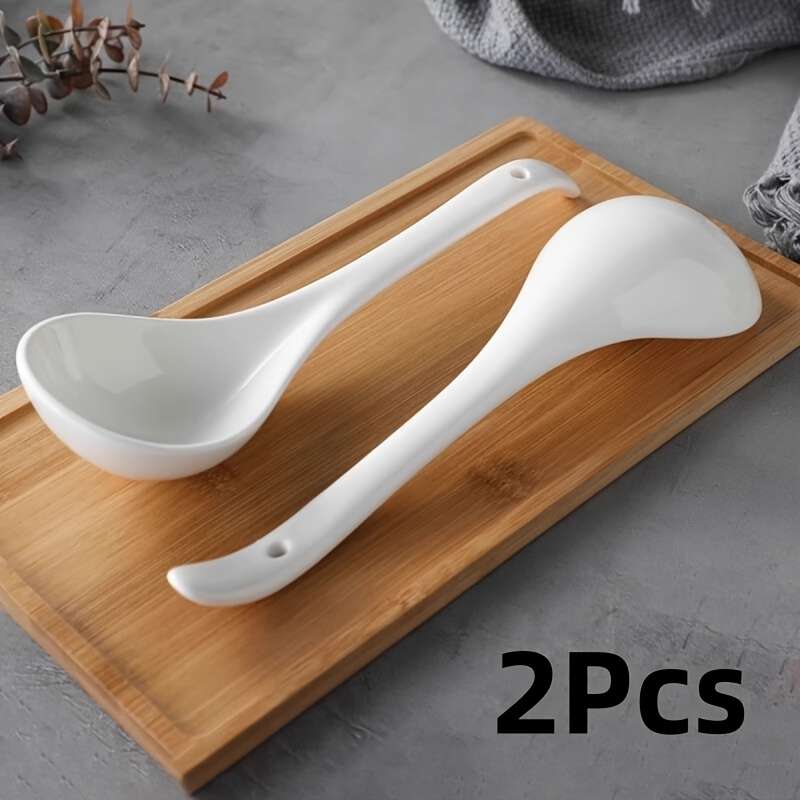 2pcs Ceramic Soup Spoons with Long Handle Large Capacity Ergonomic Design for Kitchen Dinin