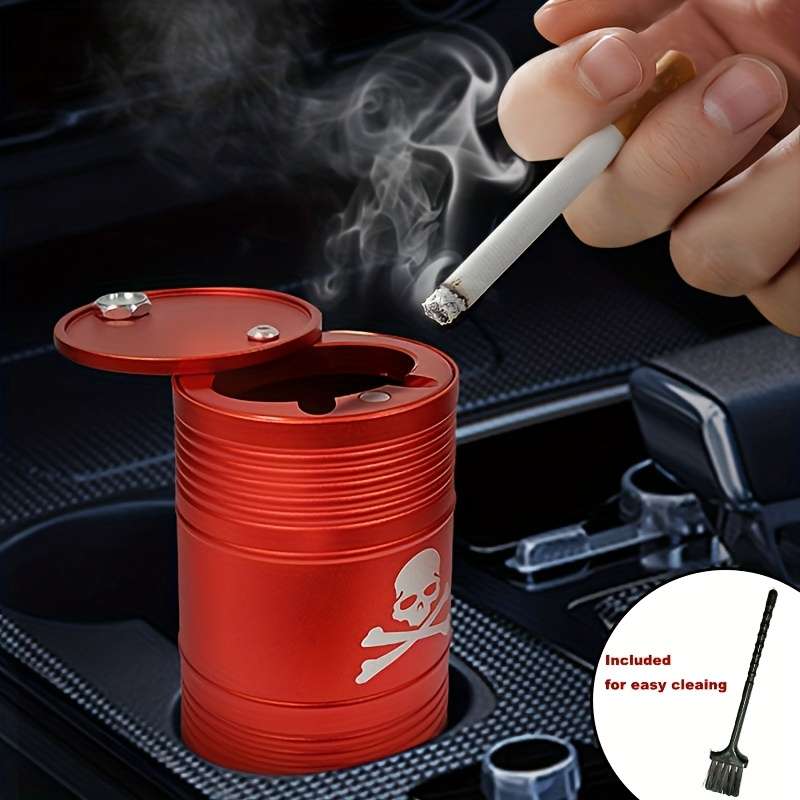 1pc Stylish Aluminum Alloy Car Ashtray with Lid Sleek Black Corrosion-Resistant Design 0.9
