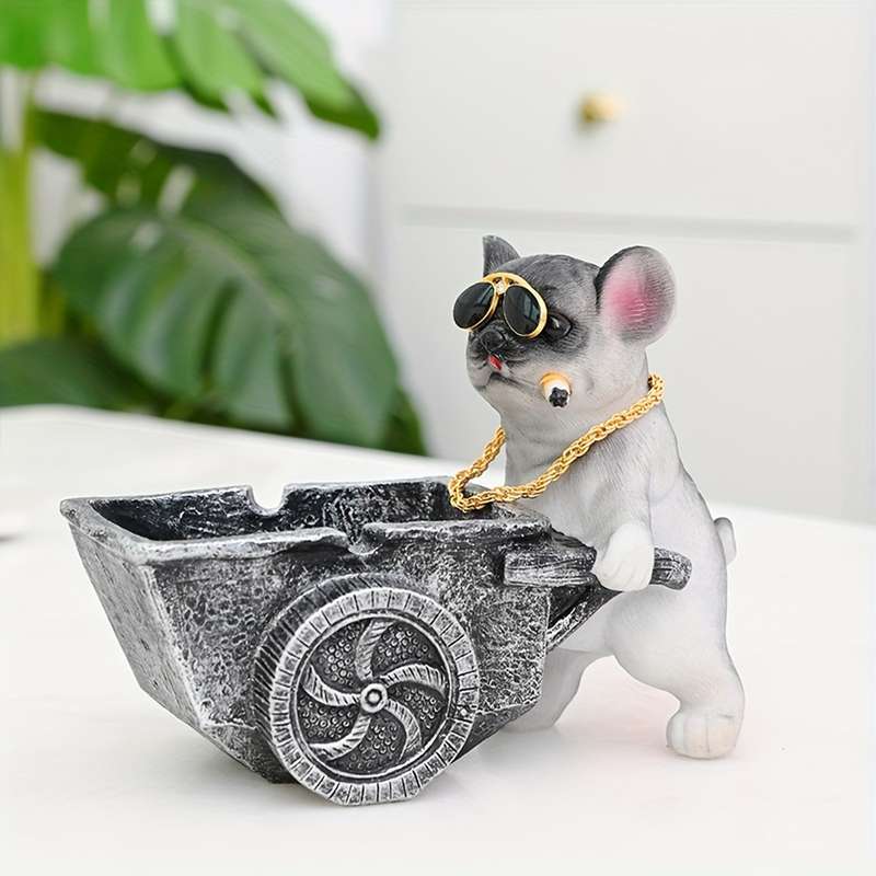 1pc Art Deco Resin Dog Ashtray with Glasses and Golden Chain Creative Decorative Pet Cart Design