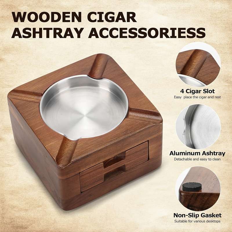 1pc Vintage Wooden Cigar Ashtray with Drawer Rectangular Tabletop Metal Interior Multipurpose