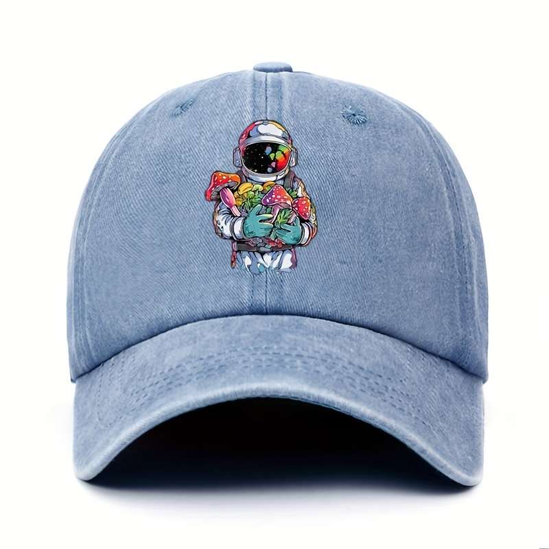 1pc Colorful Astronaut with Assorted Mushrooms Print Baseball Cap Vintage Fun Cotton Adjustable S