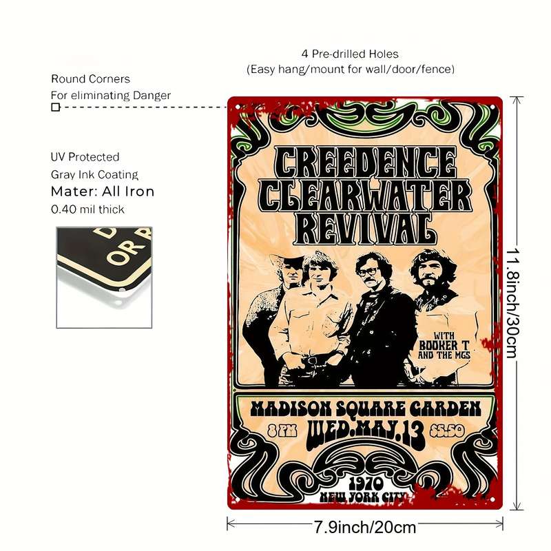1pc Vintage Credence Clearwater Revival Metal Wall Art 20.32x30.48 cm Retro Iron Painting for Hom
