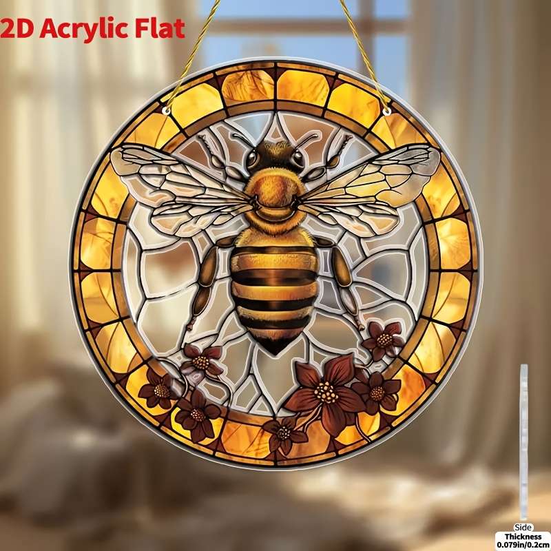 1pc 2D Flat  20.32x20.32 cm Bee Flower Stained Glass-Style Acrylic Suncatcher Vibrant Yellow