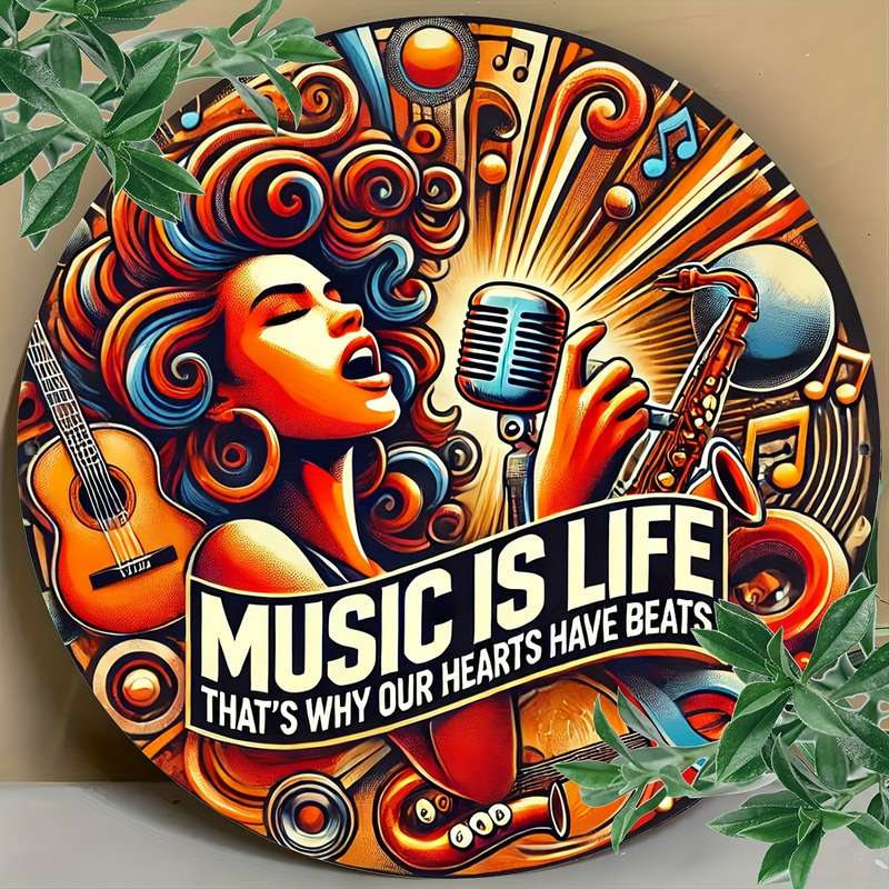 1pc  Vintage Music Is Life Round Aluminum Wall Art Sign 20.32x20.32cm Durable Easy-to-Hang