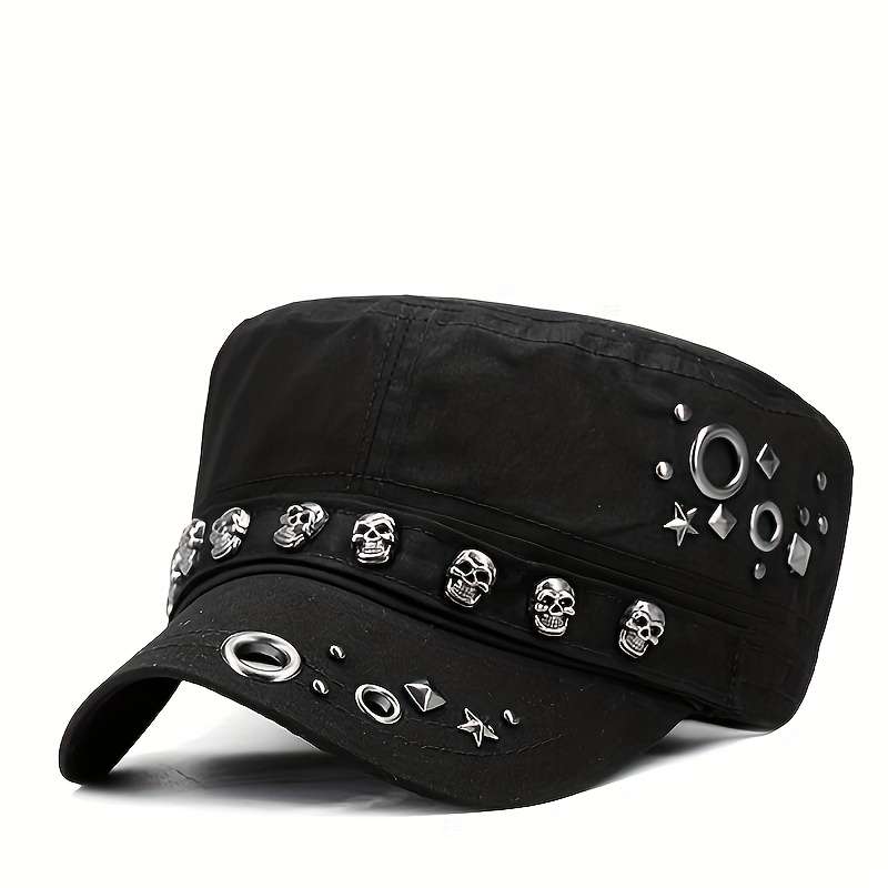 1pc Vintage Skull Rivet Flat Top Hat Lightweight Stretchable Cotton Sun Cap for Independence Day