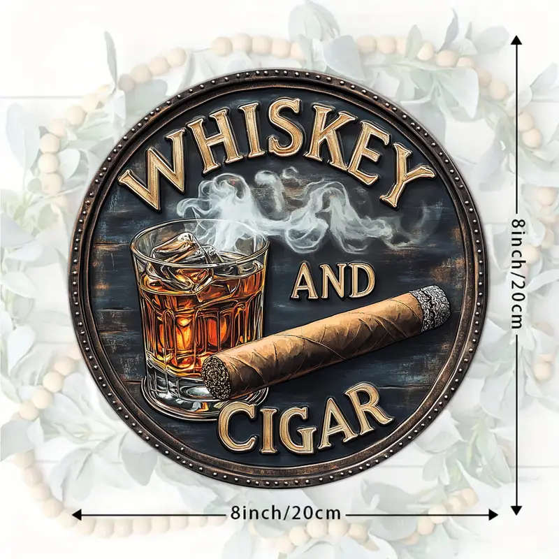 1pc 3D Painted Rustic Wooden Round Sign Whiskey and Cigar Artistic Decorative Wall Art Unframed Clas