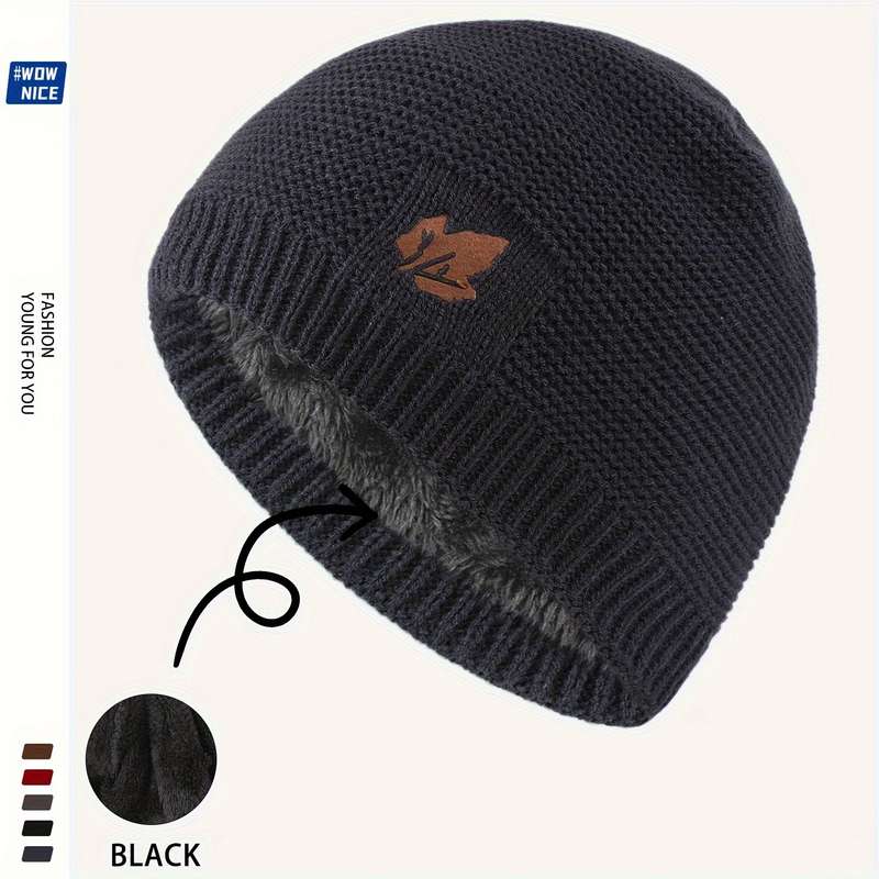 1pc Knit Beanie with Fleece Lining Warm Windproof Acrylic Skull Cap for Men Women Maple Leaf