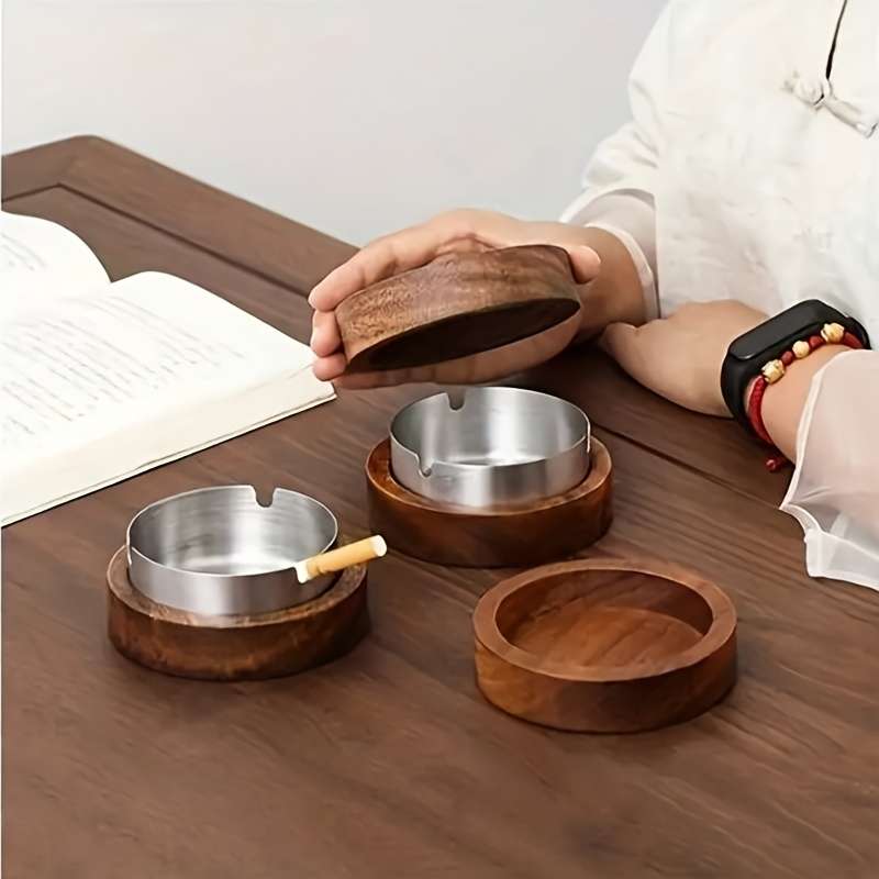 1pc Wooden Ashtray with Lid Round Stainless Steel Wood Design for Living Room and Office Us