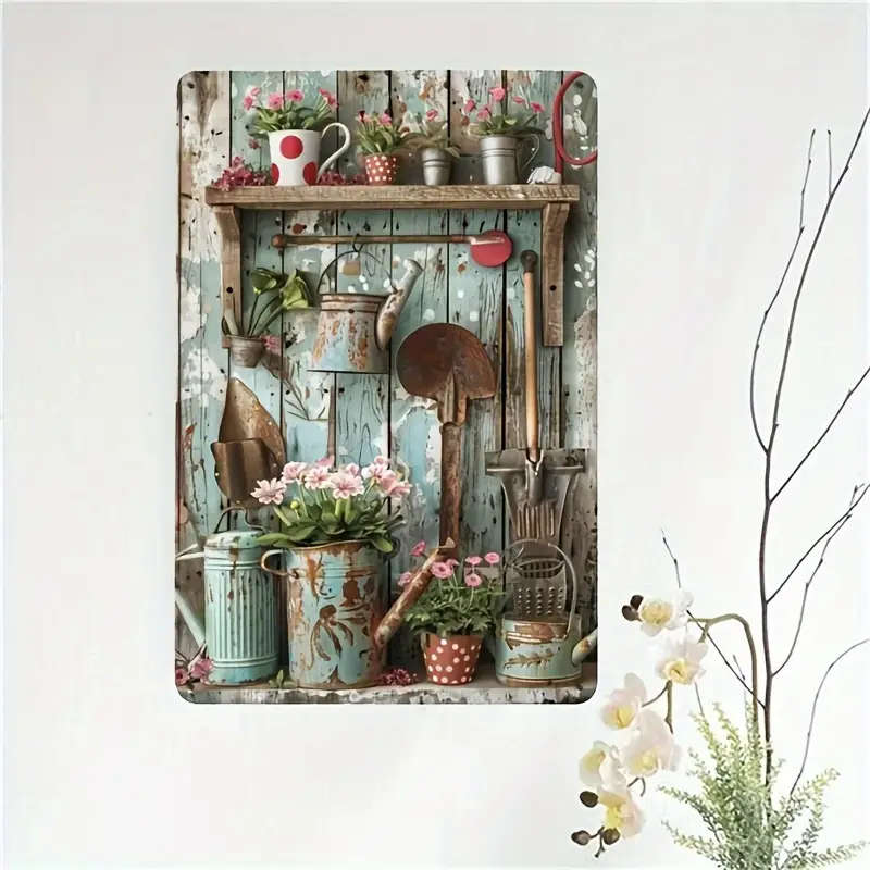 1pc Vintage Gardening Tools Metal Tin Sign 20.32x30.48cm Rustic Iron Wall Art Pastoral-Themed Home G