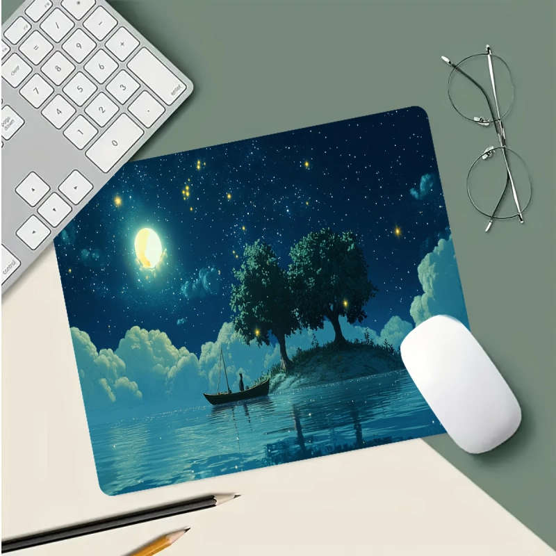 1pc 21x26cm Serene Moonlit Solitary Boat Gaming Mouse Pad Non-Slip Rubber Base