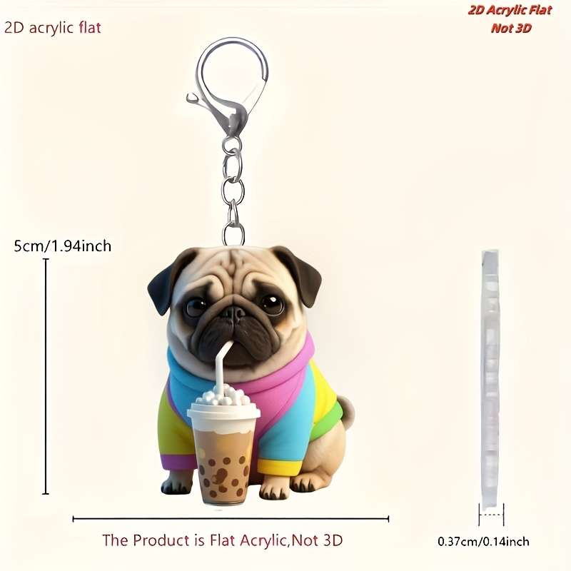 1pc 2D Flat  Acrylic Pug Keychain with Boba Tea Dual-Sided Cartoon Dog Charm 5cm 1.94 Inches I