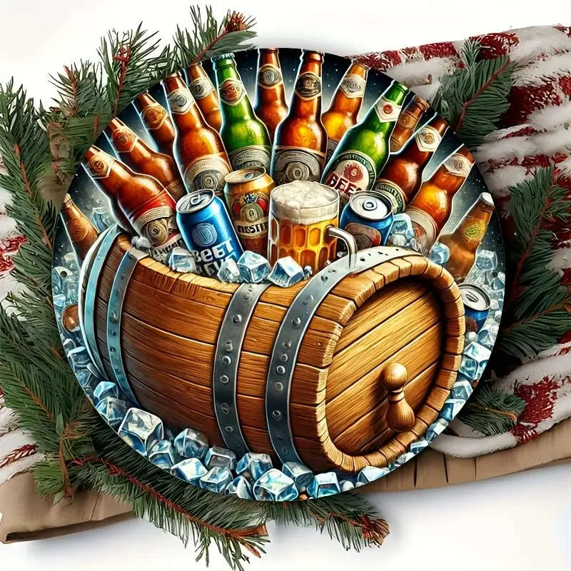 1pc Beer Keg Foil Engraving Round Sign Durable Aluminum Wall Decor for Home Bar Cafe Easy to Hang Re