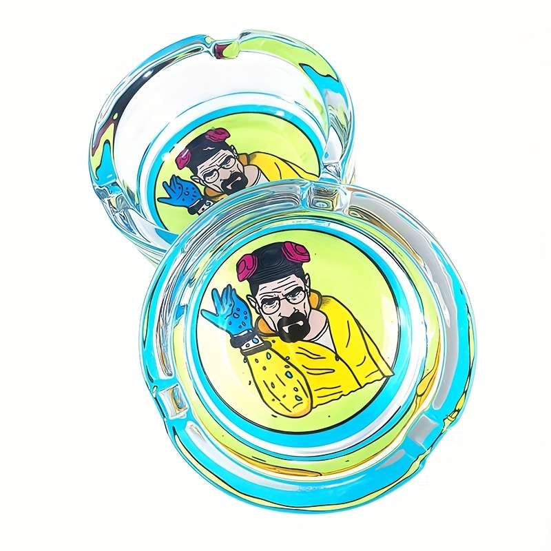 1pc 8.48cm Round Glass Ashtray with Stylish Cartoon Design C Transparent Smoking Accessory for Home