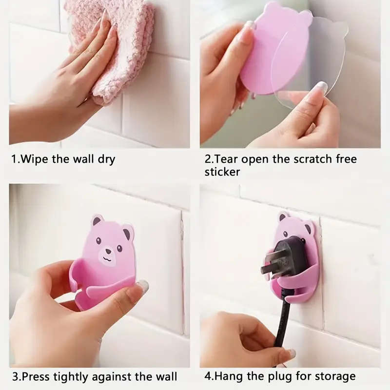 4pcs Cartoon Bear Wall-Mounted Power Strip Holder Strong Adhesive Cable Organizer Easy Install Kitch