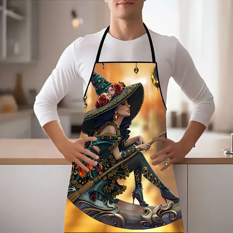 1pc Enchanted Moonlight Witch 3D Print Sleeveless Apron Whimsical Fantasy Design with Floral Hat