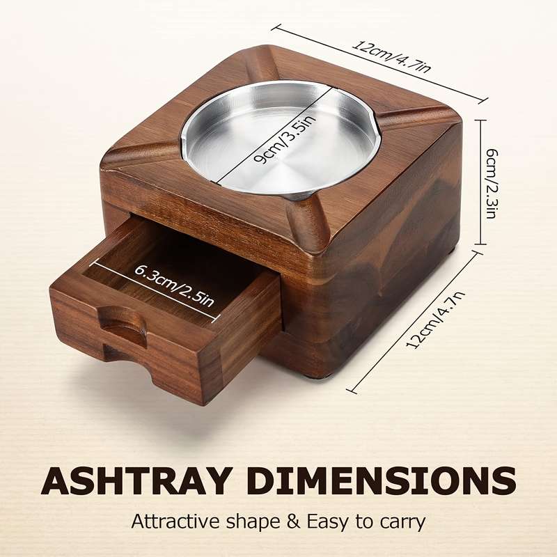 1pc Vintage Wooden Cigar Ashtray with Drawer Rectangular Tabletop Metal Interior Multipurpose