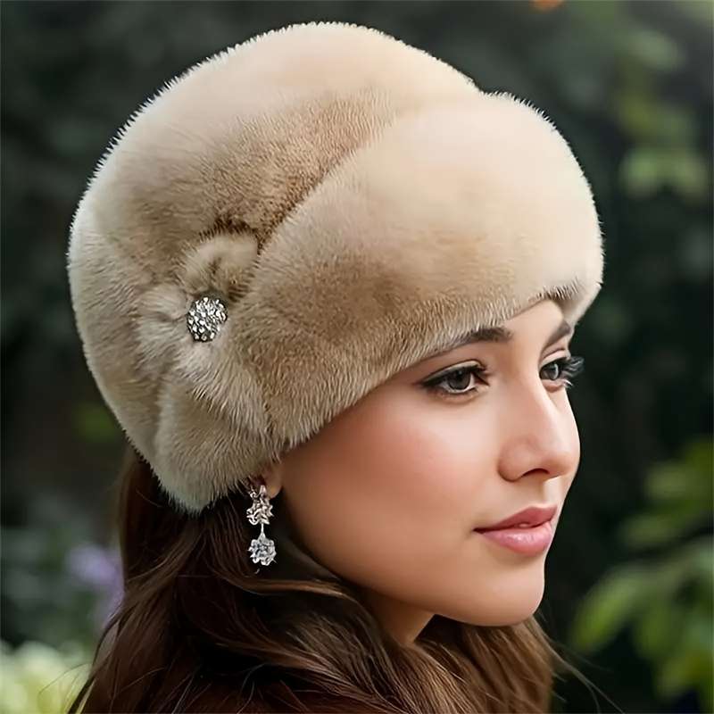 1pc Winter Warmth Faux Fur Elastic Fit Hat One Women's Ear-warming Knitted Solid Color Hat Poly