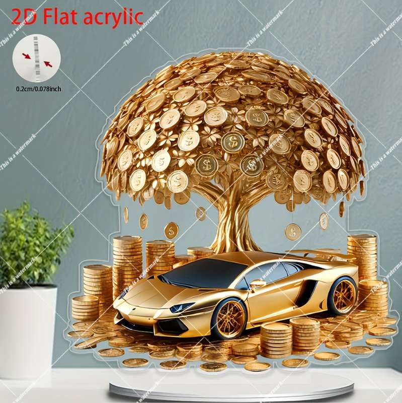 1pc 2D Flat  Acrylic Golden Tree Car Wall Art Bohemian Style  Design No Battery Needed