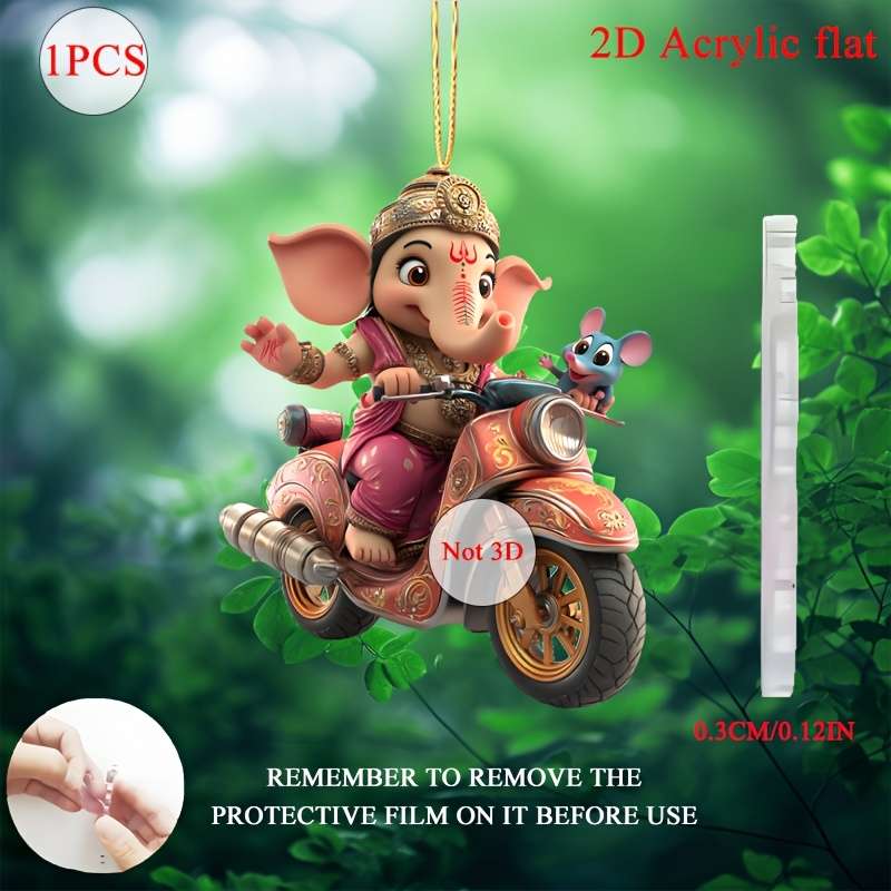 1pc 2D Flat  Acrylic Pendant Charming Ganesha Mouse Motorcycle Ornament Ideal for Car Interiors