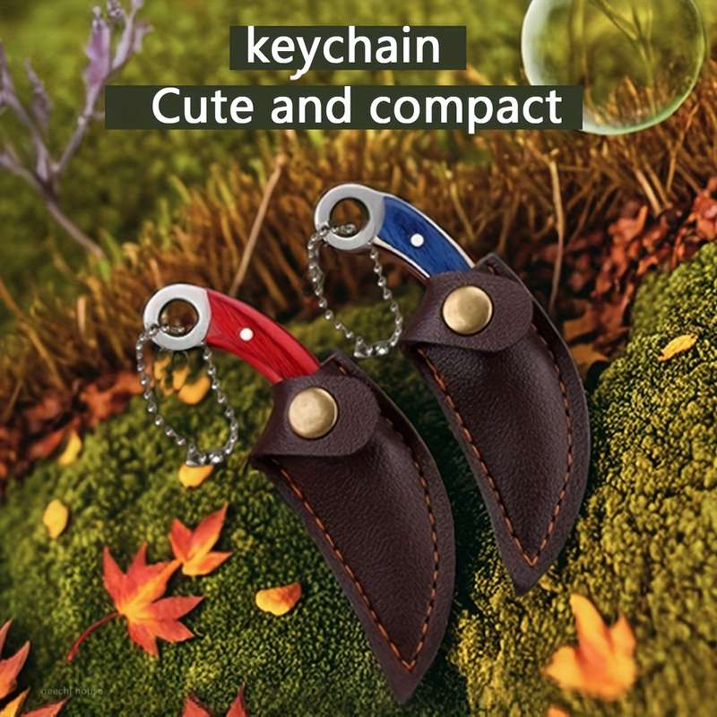 1pc Compact Stainless Steel Keychain Knife with Red Handle Faux Leather Sheath