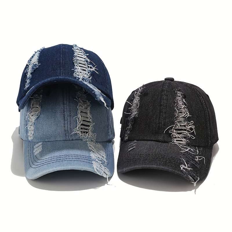 1pc Stylish Distressed Denim Baseball Cap for Men Women Adjustable Vintage Washed Ripped De