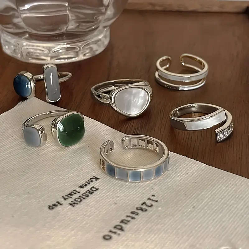 6-Piece Vintage Style Faux Emerald & Enamel Open Ring Set